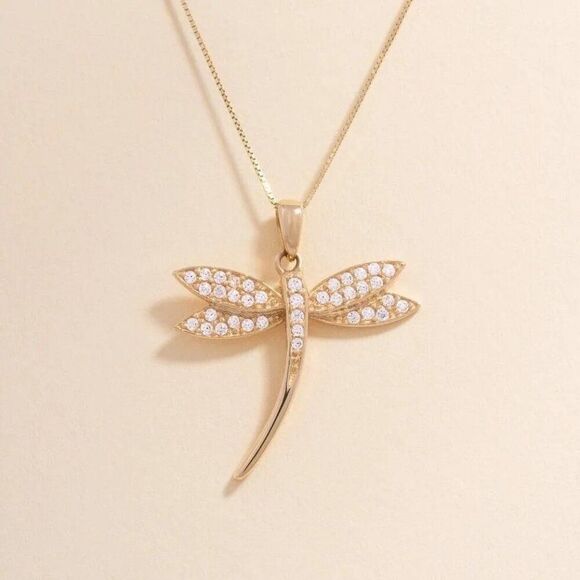 14K Solid Gold Dragonfly Pendant with Cubic Zirconia Accents - Picture 4 of 5